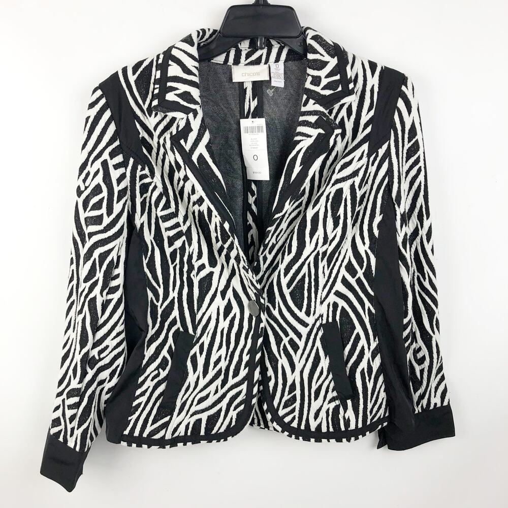 Chico's Womens Zebra Jacquard Blazer Jacket 0 XS/2 Black White Collared NWT